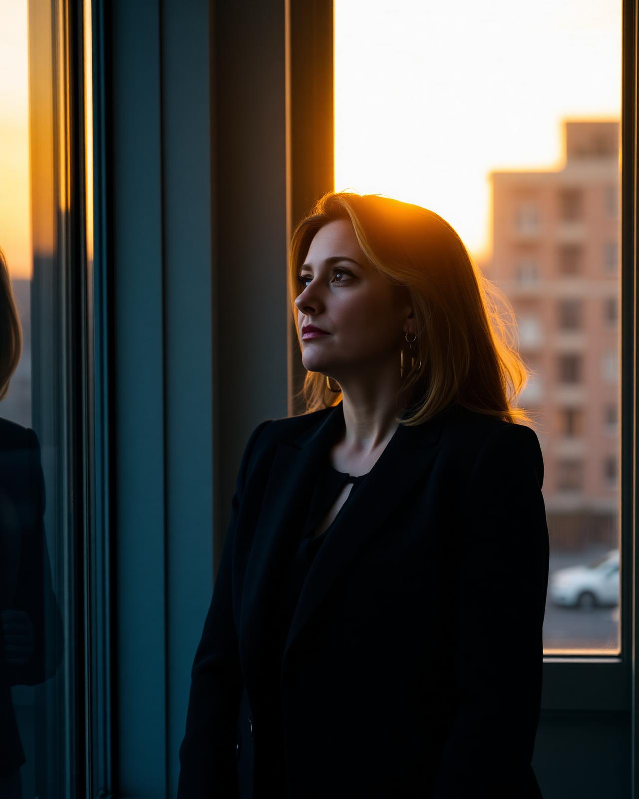 Mid-career professional reflecting at a window during golden hour